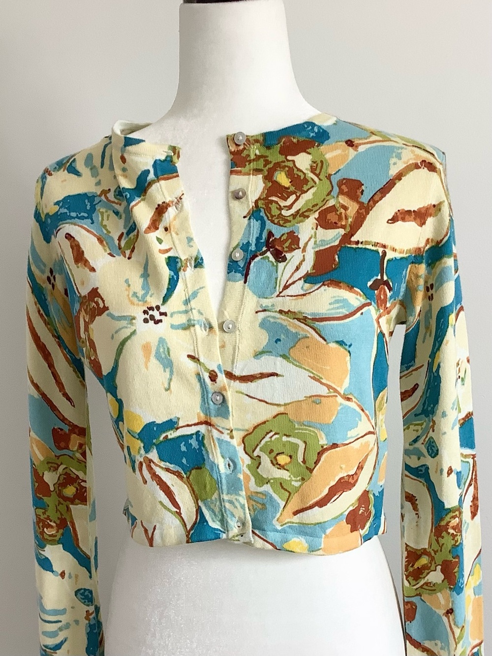 Zara NWT Cream, Turquoise, Rust Floral Blouse  Crop Top Cardigan, Women’s Sz. M